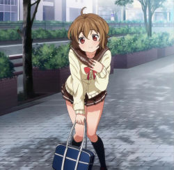 Rule 34 | 10s, 1girl, bag, brown eyes, brown hair, cardigan, denpa onna to seishun otoko, hand on own chest, hand on thigh, highres, kneehighs, legs, mifune ryuuko, miniskirt, outdoors, pleated skirt, school bag, school uniform, serafuku, short hair, skirt, socks, solo, stitched, thick thighs, thighs, thighs together, third-party edit