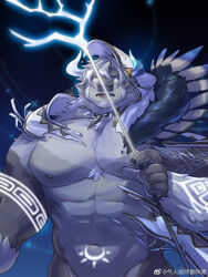 Rule 34 | 1boy, abs, animal ears, arm tattoo, asymmetrical horns, bara, bare pectorals, big foot (housamo), blue eyes, blue horns, bottomless, cow ears, cowboy shot, feather necklace, furry, furry male, glowing horns, glowing tattoo, highres, holding, holding staff, hood, hood up, horns, jewelry, large pectorals, magic, male focus, minotaur, mismatched horns, mismatched pupils, muscular, muscular male, native american, native american clothes, necklace, nipples, pectorals, short hair, solo, staff, stomach, stomach tattoo, tattoo, tearing clothes, tokyo houkago summoners, tooth necklace, torn clothes, tribal tattoo, white fur, white hair, zong wumi