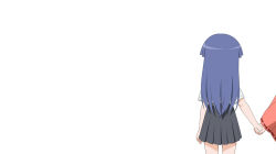 Rule 34 | 2girls, black skirt, blue hair, commentary, english commentary, facing away, from behind, furude rika, gaou (babel), hanyuu, higurashi no naku koro ni, holding hands, long hair, long sleeves, multiple girls, out of frame, pleated skirt, ribbon-trimmed sleeves, ribbon trim, shirt, short sleeves, simple background, skirt, solo focus, very long hair, white background, white shirt, wide sleeves