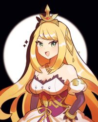 Rule 34 | 1girl, :d, absurdres, bare shoulders, black background, blonde hair, breasts, chelle (dragalia lost), detached sleeves, dotpyenji, dragalia lost, dress, green eyes, highres, long hair, looking at viewer, medium breasts, open mouth, smile, solo, spotlight, strapless, strapless dress, tiara, upper body, very long hair