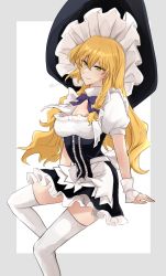Rule 34 | 1girl, adapted costume, apron, black dress, blonde hair, bow, braid, breasts, center frills, cleavage, detached collar, dress, fingerless gloves, frilled hat, frills, fuko (fukkofuko), gloves, hair bow, hat, highres, kirisame marisa, large breasts, long hair, neck ribbon, puffy sleeves, purple ribbon, ribbon, short dress, short sleeves, side braid, simple background, single braid, solo, thighhighs, touhou, waist apron, white background, white gloves, white sleeves, white thighhighs, witch hat, yellow eyes