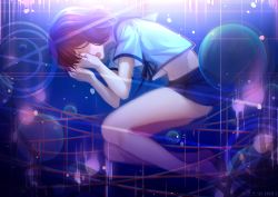 Rule 34 | 1girl, artist name, bingbing (hrppbb), blue skirt, brown hair, bubble, crying, dated, faceless, faceless female, floating, from side, highres, open mouth, original, short hair, short sleeves, skirt, solo, tears, teeth