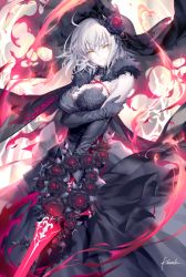 Rule 34 | 1girl, ahoge, alternate hair length, alternate hairstyle, black dress, black gloves, breasts, cape, commentary request, detached collar, dress, elbow gloves, fate/grand order, fate (series), floral print, flower, fur-trimmed cape, fur collar, fur trim, gloves, half-closed eyes, headpiece, holding, holding own arm, holding sword, holding weapon, jeanne d&#039;arc (fate), jeanne d&#039;arc alter (avenger) (fate), jeanne d&#039;arc alter (fate), kousaki rui, large breasts, long hair, looking at viewer, rose, signature, silver hair, smile, solo, strapless, strapless dress, sword, very long hair, weapon, white flower, white rose, yellow eyes