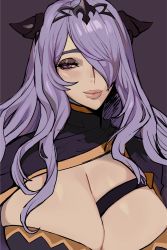 Rule 34 | 1girl, absurdres, breasts, camilla (fire emblem), cleavage, commentary, english commentary, ennuigrl, fire emblem, fire emblem fates, fire emblem heroes, hair over one eye, highres, huge breasts, lips, long hair, nintendo, pink lips, purple eyes, purple hair, solo, strap, tiara, unfinished, upper body, wavy hair