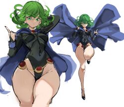 Rule 34 | 1girl, black footwear, black leotard, blue cape, breasts, cape, closed mouth, commentary, cosplay, curly hair, english commentary, green eyes, green hair, groin, highleg, highleg leotard, highres, index finger raised, leotard, looking at viewer, multiple views, one-punch man, rakeemspoon, raven (dc), raven (dc) (cosplay), short hair, sketch, small breasts, standing, standing on one leg, tatsumaki, thighs, white background