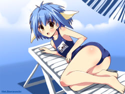 Rule 34 | 00s, 1girl, animal ears, blue hair, character name, galaxy angel, looking at viewer, looking back, mint blancmanche, open mouth, school swimsuit, short hair, smile, solo, swimsuit, tagme, wallpaper, yellow eyes