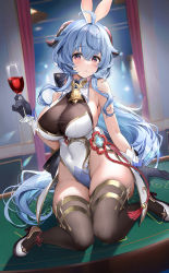 Rule 34 | 1girl, ahoge, alcohol, animal ears, bell, black gloves, blue hair, blush, breasts, brown thighhighs, casino card table, cleavage, covered navel, crossed bangs, cup, curvy, drinking glass, fake animal ears, full body, ganyu (genshin impact), genshin impact, gloves, hair between eyes, highres, holding, holding cup, horns, indoors, knees together feet apart, large breasts, leotard, long hair, looking at viewer, machi (7769), neck bell, parted lips, playboy bunny, rabbit ears, shoes, sitting, sitting on table, solo, table, thighhighs, thighs, very long hair, white footwear, white leotard, wine, wine glass