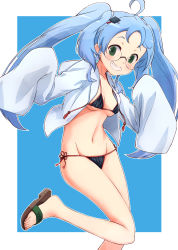 Rule 34 | 1girl, absurdres, ahoge, bikini, black bikini, blue background, blue hair, blue jacket, blush, breasts, brown footwear, collarbone, glasses, green eyes, grin, groin, hair ornament, hairclip, hands up, highres, hiraga gennai (sengoku collection), hood, hood down, hooded jacket, jacket, long hair, long sleeves, medium breasts, nyama, open clothes, open jacket, outline, sandals, sengoku collection, sleeves past fingers, sleeves past wrists, smile, solo, standing, standing on one leg, swimsuit, twintails, two-tone background, very long hair, white background, white outline