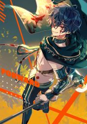 Rule 34 | 1boy, black hair, blood, blood on clothes, blood on face, blood splatter, facing to the side, highres, holding, holding weapon, long sleeves, mahoutsukai no yakusoku, male focus, naruta iyo, red eyes, scythe, shino sherwood, short hair, smile, solo, teeth, weapon