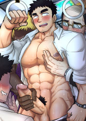 Rule 34 | 4boys, abs, bara, bare pectorals, blush, collared shirt, commentary, covered erect nipples, dark-skinned male, dark skin, drooling, english commentary, erection, facial hair, feet out of frame, glasses, goatee, grabbing, groping, group sex, handjob, highres, large pectorals, male focus, male pubic hair, male underwear, male underwear pull, mature male, multiple boys, muscular, muscular male, navel, nipples, old, old man, open clothes, open shirt, pectoral grab, pectorals, penis, pubic hair, public indecency, salaryman, senpai ga uzai kouhai no hanashi, shirt, short hair, sideburns, sleeves rolled up, solo focus, stomach, stubble, sweat, takeda harumi (shiromanta), thick eyebrows, tofuboyz, train interior, ugly man, uncensored, underwear, veins, veiny penis, watch, wristwatch, yaoi