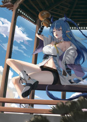 Rule 34 | 1girl, absurdres, ankle boots, arknights, bare shoulders, beruko14, blue eyes, blue hair, boots, breasts, detached collar, dragon girl, dragon horns, dragon tail, full body, highres, horns, jug (bottle), large breasts, ling (arknights), long hair, long sleeves, navel, necktie, off shoulder, open mouth, pavilion, pointy ears, revision, shirt, sitting, solo, stomach, strapless, strapless shirt, tail, thighs, white footwear, white shirt, yellow necktie