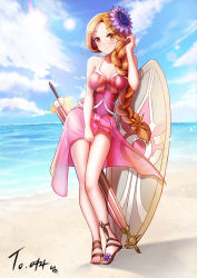 Rule 34 | 1girl, absurdres, artist request, bare shoulders, beach, blush, braid, breasts, brown eyes, cleavage, closed umbrella, contrapposto, day, flower, full body, hair flower, hair ornament, highres, league of legends, leona (league of legends), long hair, looking at viewer, medium breasts, orange hair, outdoors, parasol, ponytail, pool party leona, sand, sandals, sarong, shore, single braid, solo, standing, summer, sunflower, sunflower hair ornament, surfboard, swimsuit, umbrella, very long hair, water