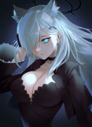 Rule 34 | 1girl, absurdres, animal ear fluff, animal ears, black dress, blue archive, blue eyes, breasts, cleavage, cross hair ornament, dress, extra ears, grey hair, hair ornament, hair over one eye, hairclip, halo, highres, kazane-wind, large breasts, long hair, long sleeves, looking at viewer, medium hair, parted lips, shiroko (blue archive), shiroko terror (blue archive), solo, upper body, wolf ears