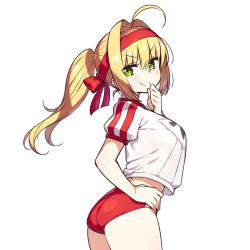 Rule 34 | 1girl, ahoge, alternate hairstyle, ass, blonde hair, breasts, buruma, chan co, closed mouth, cowboy shot, crop top, crop top overhang, fate/grand order, fate (series), from side, green eyes, gym uniform, hair intakes, hand on own hip, hand to own mouth, headband, high ponytail, large breasts, long hair, nero claudius (fate), nero claudius (fate) (all), nero claudius (fate/extra), nero claudius (olympian bloomers) (fate), official alternate costume, ponytail, see-through silhouette, simple background, smile, solo, v-shaped eyebrows, white background