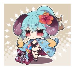 Rule 34 | 1girl, absurdres, ball, beachball, bikini, black bikini, blue footwear, blue hair, blue jacket, blush, breasts, brown background, brown hair, carrying over shoulder, chain, chibi, cleavage, closed mouth, commentary request, flower, full body, gradient hair, hair between eyes, hair flower, hair ornament, halftone, halftone background, highres, horns, jacket, jacket on shoulders, lapis (sennen sensou aigis), long sleeves, looking at viewer, medium breasts, milkpanda, multicolored hair, navel, puffy long sleeves, puffy sleeves, red eyes, red flower, sandals, sennen sensou aigis, short eyebrows, solo, standing, swimsuit, thick eyebrows