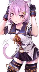 Rule 34 | 1girl, absurdres, animal ears, black gloves, black skirt, black thighhighs, blush, cat ears, cat tail, closed mouth, collarbone, cowboy shot, gloves, hair between eyes, hatoneko, highres, kantai collection, one-hour drawing challenge, pink hair, pleated skirt, red eyes, sailor collar, sailor shirt, shirt, short hair, short sleeves, signature, simple background, skirt, solo, tail, tama (kancolle), tama kai ni (kancolle), thighhighs, white background