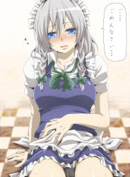 Rule 34 | 1girl, apron, black panties, blue dress, blue eyes, blush, bow, braid, breasts, cameltoe, collarbone, collared shirt, dress, eyes visible through hair, gradient background, hair bow, hair ribbon, hand on own stomach, izayoi sakuya, large breasts, lips, looking at viewer, maid, maid apron, maid headdress, nitoni, panties, pantyshot, parted lips, puffy short sleeves, puffy sleeves, ribbon, shirt, short dress, short hair, short sleeves, silver hair, sitting, solo, sweat, tile floor, tiles, touhou, translated, tress ribbon, twin braids, underwear, vest, waist apron