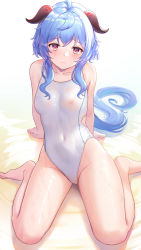 Rule 34 | 1girl, ahoge, airool, arm support, bare arms, bare shoulders, barefoot, blue hair, blush, breasts, closed mouth, collarbone, competition swimsuit, covered erect nipples, covered navel, frown, ganyu (genshin impact), genshin impact, highleg, highleg swimsuit, highres, horns, long hair, looking at viewer, medium breasts, nipples, one-piece swimsuit, purple eyes, see-through, shallow water, simple background, sitting, solo, swimsuit, very long hair, wariza, water, wet, wet clothes, white background, white one-piece swimsuit