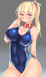 Rule 34 | 1girl, blonde hair, breasts, collar, competition swimsuit, animal collar, female focus, highres, kubiwa (kutan), kutan, large breasts, long hair, one-piece swimsuit, original, ponytail, red eyes, solo, swimsuit, toned