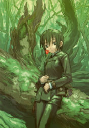 Rule 34 | 1girl, absurdres, androgynous, arm belt, belt, belt pouch, black pants, breasts, collared jacket, collared shirt, day, expressionless, flower, forest, green eyes, green hair, green jacket, green pants, hair between eyes, highres, holding, holding flower, holster, jacket, kino (kino no tabi), kino no tabi, kuroboshi kouhaku, leaning back, leaning on object, leather, leather jacket, leather pants, long sleeves, looking at viewer, nature, outdoors, pants, paper, parted lips, pouch, red flower, rose, shirt, short hair, small breasts, solo, standing, tomboy, tree, white shirt