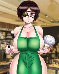 Rule 34 | 1girl, apron, black clover, black hair, breasts, closed mouth, eyepatch, green apron, guolfeich, highres, large breasts, marker, pen, red eyes, short hair, smile, starbucks, tagme, vanica zogratis
