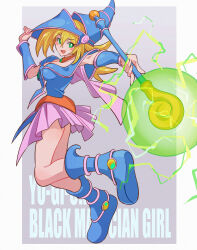 Rule 34 | 1girl, adjusting clothes, adjusting headwear, attack, bare shoulders, blonde hair, blue dress, blue footwear, blush stickers, breasts, character name, copyright name, dark magician girl, dress, electricity, from behind, futa yuri ryona, green eyes, hat, highres, holding, holding staff, large breasts, legs, long hair, looking at viewer, looking back, pink skirt, simple background, skirt, solo, staff, witch, witch hat, yu-gi-oh!