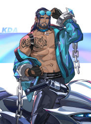Rule 34 | abs, absurdres, bara, bare pectorals, beard, biceps, bicycle, black hair, body hair, broad shoulders, chain, chest hair, collar, facial hair, glasses, gloves, highres, jacket, large pectorals, league of legends, looking at viewer, male focus, manly, mature male, muscular, muscular male, navel, navel hair, nipples, open clothes, open jacket, pants, pectoral cleavage, pectorals, sideburns, solo, sylas (league of legends), tattoo, tengo (maotengo), thick arms, yaoi