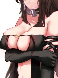 Rule 34 | 1girl, arm under breasts, bare shoulders, breast focus, breasts, brown hair, center opening, choker, cleavage, clothing cutout, collarbone, detached sleeves, dress, fate/grand order, fate (series), highres, large breasts, long hair, long sleeves, midriff, navel, no bra, revealing clothes, shibao aoyama, simple background, sweatdrop, white background, yu mei-ren (fate)