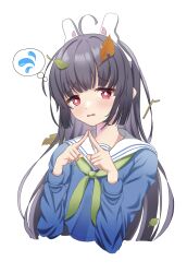 Rule 34 | 1girl, absurdres, animal ears, azuma (sospower73), black hair, blue archive, blush, collared shirt, commentary request, fake animal ears, halo, highres, leaf, leaf on head, long hair, long sleeves, looking at viewer, miyu (blue archive), red eyes, school uniform, serafuku, shirt, solo, speech bubble, upper body