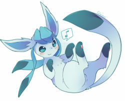 Rule 34 | animal ear fluff, animal ears, aqua eyes, blue fur, blue theme, blush, character name, commentary, creatures (company), dated commentary, dot nose, english commentary, faeki, fur, game freak, gen 4 pokemon, glaceon, halftone, halftone background, legs up, lying, musical note, nintendo, on back, outline, pokemon, pokemon (creature), smirk, solo, speech bubble, spoken musical note, tail