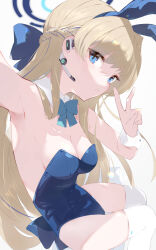 Rule 34 | absurdres, animal ears, aqua bow, aqua bowtie, bana (stand flower), blonde hair, blue archive, blue eyes, blue hairband, blue leotard, blush, bow, bowtie, detached collar, earpiece, fake animal ears, fake tail, hairband, halo, highleg, highleg leotard, highres, leotard, looking at viewer, official alternate costume, playboy bunny, rabbit ears, rabbit tail, simple background, sitting, smile, strapless, strapless leotard, tail, thighhighs, toki (blue archive), toki (bunny) (blue archive), v, white background, white thighhighs, white wrist cuffs, wrist cuffs