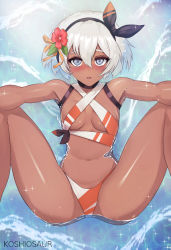 Rule 34 | 1girl, alternate costume, artist name, bad id, bad pixiv id, bare arms, bare shoulders, bea (pokemon), bikini, black choker, black hairband, blush, breasts, choker, collarbone, commentary request, creatures (company), dark-skinned female, dark skin, flower, game freak, grey hair, gym leader, hair between eyes, hair flower, hair ornament, hairband, halterneck, koshio, legs up, looking at viewer, lying, medium breasts, navel, nintendo, on back, open mouth, orange bikini, outstretched arms, partially submerged, pokemon, pokemon swsh, red flower, short hair, solo, sparkle, spread legs, stomach, swimsuit, water, white bikini