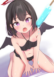 Rule 34 | 1girl, arms between legs, bare arms, bare shoulders, barefoot, bikini, black bikini, black hair, black wings, blue archive, blush, body blush, breasts, colored inner hair, food, frilled bikini, frills, from above, furrowed brow, hair between eyes, halo, halterneck, highres, legs apart, looking at viewer, looking up, mashiro (blue archive), mashiro (swimsuit) (blue archive), medium hair, miramira1908, multicolored hair, navel, open mouth, popsicle, purple eyes, red halo, sitting, small breasts, solo, streaked hair, swimsuit, wariza, wavy mouth, wet, white background, winged halo, wings