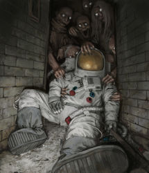Rule 34 | 6+others, absurdres, alley, ambiguous gender, commentary, english commentary, fingernails, helmet, highres, horror (theme), long hair, multiple others, open mouth, original, scratched, sharp fingernails, space helmet, spacesuit, stefan koidl, white eyes, zombie