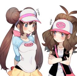 Rule 34 | 2girls, arms behind back, bag, blue eyes, blush, brown hair, chinese text, collarbone, creatures (company), crossed arms, double bun, frown, game freak, hair bun, hat, height conscious, hilda (pokemon), holding, holding poke ball, looking at another, multiple girls, nintendo, pantyhose, poke ball, poke ball (basic), pokemon, pokemon bw, pokemon bw2, pokemon masters ex, ponytail, pout, rosa (pokemon), simplified chinese text, single hair bun, smile, translation request, twintails, upper body, vest, visor cap, wristband, zuizi