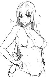 Rule 34 | 1girl, bikini, breasts, closed mouth, greyscale, groin, hands on own hips, long hair, looking at viewer, low-tied long hair, medium breasts, monochrome, navel, obmas, original, simple background, sketch, solo, string bikini, v-shaped eyebrows, white background