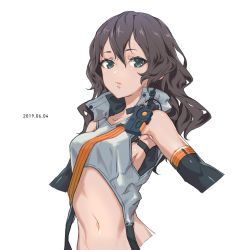 Rule 34 | 1girl, bad id, bad pixiv id, black eyes, black hair, breasts, cancell, cropped arms, cropped torso, dated, detached sleeves, hair between eyes, highres, long hair, looking at viewer, medium breasts, navel, original, science fiction, solo, symbol-shaped pupils, white background