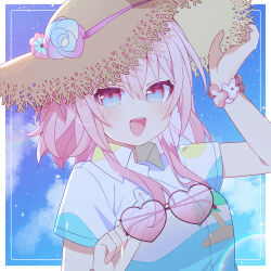 1girl absurdres blue_eyes blue_sky border commentary_request hat hawaiian_shirt heart heart-shaped_eyewear highres holding holding_removed_eyewear honkai:_star_rail honkai_(series) march_7th_(honkai:_star_rail) medium_hair open_mouth outside_border pink_eyes pink_hair pink_pupils shirt sky solo straw_hat sunglasses teeth two-tone_eyes unworn_eyewear upper_body upper_teeth_only uwasewau white_border