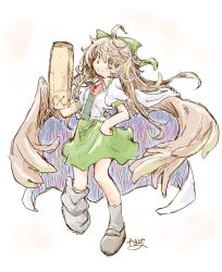 Rule 34 | 1girl, arm cannon, asymmetrical footwear, bird wings, bow, bright pupils, brown eyes, brown hair, cape, closed mouth, collared shirt, commentary, full body, green bow, green skirt, hair bow, highres, long hair, looking at viewer, mismatched footwear, reiuji utsuho, shirt, short sleeves, signature, simple background, skirt, smile, solo, third eye, touhou, weapon, white background, white cape, white pupils, white shirt, wings, yamasina009