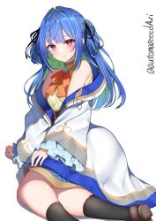 Rule 34 | 1girl, absurdres, belt, black ribbon, black socks, blue brooch, blue hair, blue skirt, blush, bow, bowtie, breasts, brown belt, brown footwear, closed mouth, coat, commentary request, foot out of frame, frilled sleeves, frills, green hair, hair intakes, hair ribbon, highres, long hair, long sleeves, looking at viewer, m-&gt;g, medium bangs, mole, mole under eye, multicolored hair, nanashi inc., open clothes, open coat, orange bow, orange bowtie, pink eyes, plaid trim, ribbon, shirt, shoes, simple background, sitting, skirt, small breasts, smile, socks, solo, striped clothes, striped shirt, suzumi nemo, suzumi nemo (1st costume), two-tone hair, two side up, vertical-striped clothes, vertical-striped shirt, virtual youtuber, white background, white coat, yokozuwari