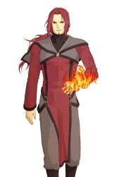 Rule 34 | 1boy, beard, closed mouth, facial hair, fire, johann, kan (hasetani), long hair, looking at viewer, male focus, parted lips, pyrokinesis, rage of the dragons, red eyes, red hair, simple background, standing, white background