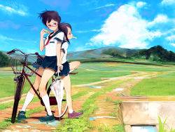 Rule 34 | 2girls, back-to-back, bicycle, black hair, blue skirt, blue sky, closed umbrella, cloud, day, field, full body, glasses, grass, hill, holding, holding umbrella, knee up, kneehighs, leaning on person, looking away, looking to the side, mouth hold, multiple girls, neckerchief, original, oshou (classic1418408), oshou (pixiv232198), outdoors, pigeon-toed, puddle, red-framed eyewear, road, scenery, school uniform, serafuku, shirt, shoes, short hair, short sleeves, skirt, sky, smile, sneakers, socks, standing, transparent, transparent umbrella, tupet, umbrella, water, white legwear, white shirt, wide shot, wind