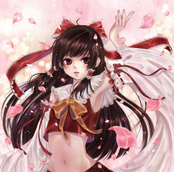 Rule 34 | 1girl, akari1205, arm up, armpits, bad id, bad pixiv id, black hair, bow, capelet, cherry blossoms, detached sleeves, embellished costume, eyelashes, female focus, fingernails, frills, hair bow, hair tubes, hakurei reimu, japanese clothes, lace, light particles, lips, long hair, long sleeves, looking at viewer, midriff, miko, navel, open hand, parted lips, pink background, purple eyes, ribbon, skirt, solo, teeth, touhou, vest, wide sleeves, wind