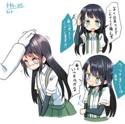 Rule 34 | &gt;:o, 1girl, :o, aqua eyes, arm warmers, asashio (kancolle), black hair, blush, gloves, hand on another&#039;s head, headpat, kantai collection, long hair, long sleeves, maiku, multiple views, nose blush, pleated skirt, salute, simple background, skirt, smile, solo focus, suspenders, translation request, upper body, v-shaped eyebrows, v arms, white background, white gloves