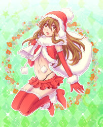 1boy androgynous bag blush boots brown_eyes brown_hair christmas crossdressing elbow_gloves full_body genshiken gloves hat hato_kenjirou highleg highleg_panties highres ko-zi_ii long_hair male_focus midriff navel panties red_gloves sack santa_costume santa_hat skirt solo thigh_boots thighhighs trap underwear