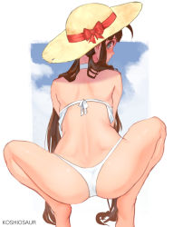 Rule 34 | 1girl, artist name, ass, back, bad id, bad pixiv id, bare legs, bare shoulders, barefoot, bikini, blush, border, bow, breasts, brown hair, choker, cloud, commentary request, from behind, hat, koshio, long hair, looking at viewer, looking back, low twintails, outside border, profile, red bow, ryoubi (senran kagura), senran kagura, shoulder blades, solo, squatting, straw hat, sun hat, swimsuit, thong bikini, twintails, white bikini, white border, white choker