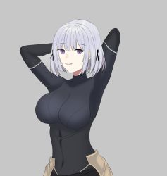 Rule 34 | 1girl, bodysuit, bra, breasts, defy (girls&#039; frontline), girls&#039; frontline, grey background, hand up, highres, looking at viewer, open mouth, purple eyes, rpk-16 (girls&#039; frontline), short hair, silver hair, simple background, solo, underwear, user fwwt3275