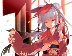 Rule 34 | 1girl, adjusting hair, albino, backlighting, blurry, blurry background, bow, colored eyelashes, commentary request, hair ornament, han&#039;eri, hand on own head, hand on own stomach, head tilt, japanese clothes, kamizuki shiki, kimono, long sleeves, looking at viewer, obi, obiage, obidome, obijime, original, parted lips, red bow, red eyes, sash, sidelocks, smile, solo, standing, upper body, white hair, wide sleeves, wind, window