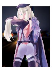 Rule 34 | 1girl, a-545 (girls&#039; frontline), absurdres, aqua eyes, arm up, artist name, ass, back, backless dress, backless outfit, bare back, black cape, black footwear, blonde hair, bodysuit, boots, border, braid, cape, closed mouth, dress, feet out of frame, from behind, fur-trimmed cape, fur trim, girls&#039; frontline, hair ornament, hair scrunchie, highres, long hair, looking back, multicolored bodysuit, multicolored clothes, scrunchie, side braid, simple background, smile, solo, standing, sugac, thigh boots, thighs, twintails, white border