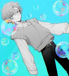 Rule 34 | 1boy, aqua background, bubble, greyscale, greyscale with colored background, hair between eyes, highres, kanae (nijisanji), long sleeves, looking at viewer, maki keigo, male focus, mole, mole under eye, monochrome, nijisanji, official alternate costume, pants, parted lips, simple background, sleeves past wrists, solo, sweater vest, virtual youtuber